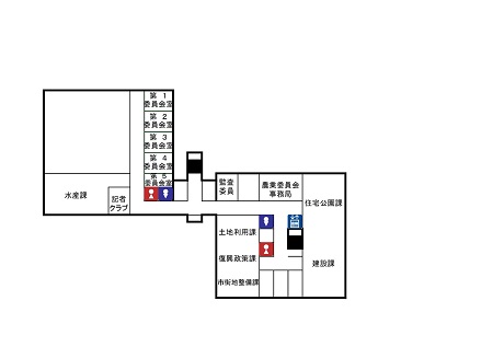 市役所3階の案内図です。この階には水産課、災害復興局、建設課、住宅公園化、農業委員会、監査院事務局があります。
