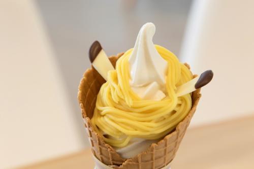 ソフトクリームに黄色い餡を絞ったかもめソフトの写真