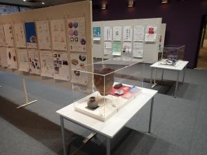 出土した資料がガラスケース内に展示されている様子