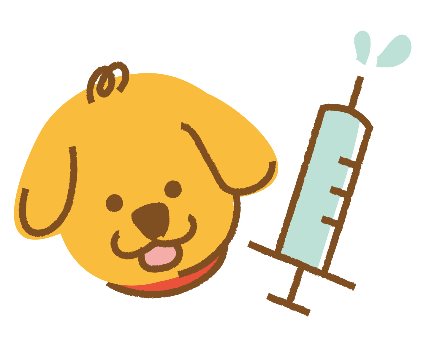 狂犬病予防注射のイラストです。犬と注射器が並んでいます。